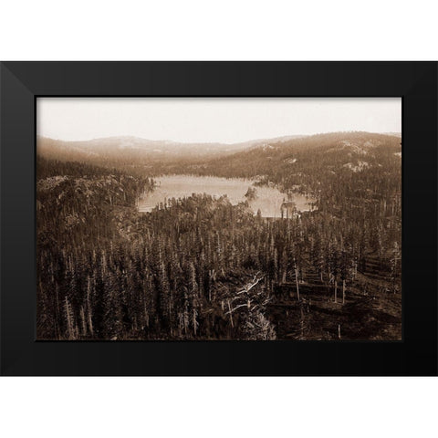 Dams and Lake, Nevada County, California, Distant View, about 1871 Black Modern Wood Framed Art Print by Watkins, Carleton