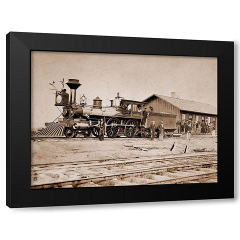 Wyoming Station, Engine 23 on Main Track, May 1868 Black Modern Wood Framed Art Print by Russell, A.J.