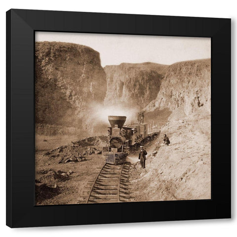 First Construction Train passing the Palisades, Ten Mile Canon, Nevada, 1866-1869 Black Modern Wood Framed Art Print by Hart, Alfred A.