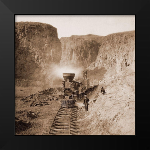 First Construction Train passing the Palisades, Ten Mile Canon, Nevada, 1866-1869 Black Modern Wood Framed Art Print by Hart, Alfred A.
