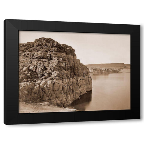 The Dalles, Extremes of High and Low Water, 92 ft./Head of the Dalles, Columbia River, Oregon, about Black Modern Wood Framed Art Print by Watkins, Carleton