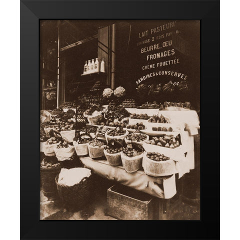 Rue Sainte-Opportune - Produce Display, rue Sainte-Opportune. Sepia Black Modern Wood Framed Art Print by Atget, Eugene