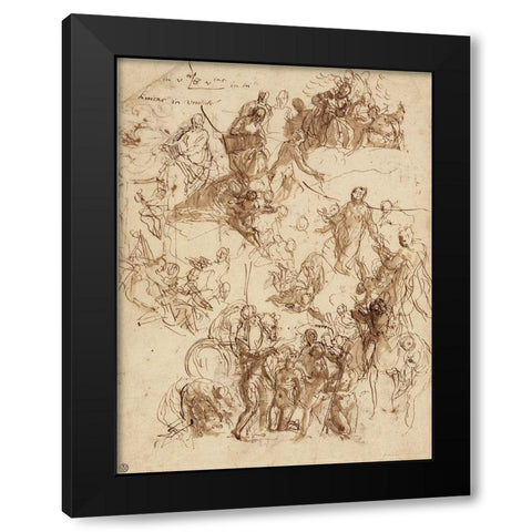 Sheet of Studies for The Martyrdom of Saint George Black Modern Wood Framed Art Print by Veronese, Paolo