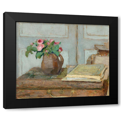 The Artists Paint Box and Moss Roses, 1898 Black Modern Wood Framed Art Print with Double Matting by Vuillard, Edouard