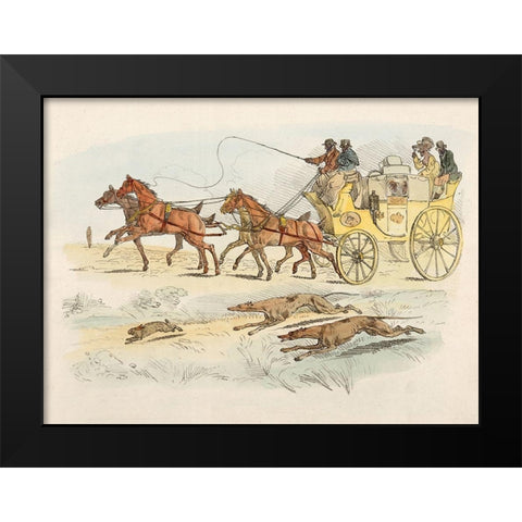 People On A Carriage Watching Dogs Chasing A Rabbit, 1817 Black Modern Wood Framed Art Print by Alken, Henry Thomas
