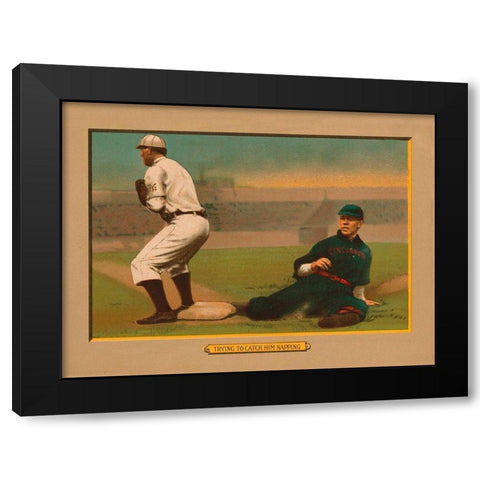 Trying to Catch Him Napping, Baseball Card Black Modern Wood Framed Art Print with Double Matting by American Tobacco Company