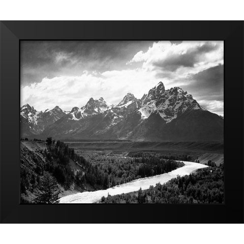 View from river valley towards snow covered mountains, river in foreground, Grand Teton National Par Black Modern Wood Framed Art Print by Adams, Ansel