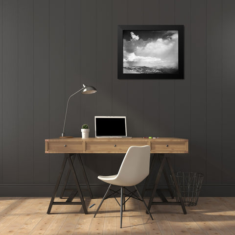 Mountain tops, low horizon, dramatic clouded sky, in Rocky Mountain National Park, Colorado, ca. 19 Black Modern Wood Framed Art Print by Adams, Ansel