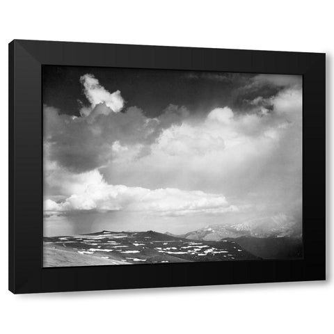 Mountain tops, low horizon, dramatic clouded sky, in Rocky Mountain National Park, Colorado, ca. 19 Black Modern Wood Framed Art Print by Adams, Ansel