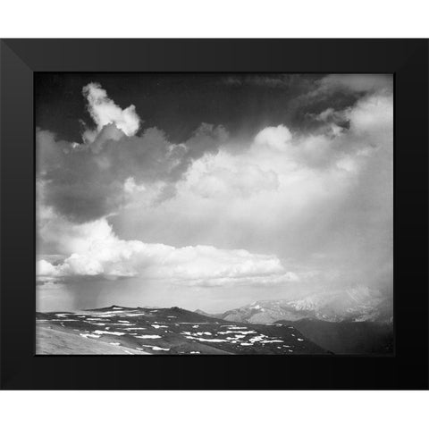Mountain tops, low horizon, dramatic clouded sky, in Rocky Mountain National Park, Colorado, ca. 19 Black Modern Wood Framed Art Print by Adams, Ansel