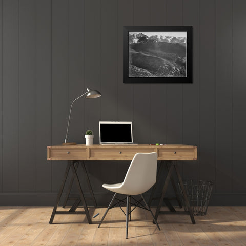 View of wooded hills with mountains in background, in Rocky Mountain National Park, Colorado, ca. 19 Black Modern Wood Framed Art Print by Adams, Ansel