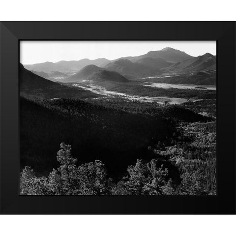 Valley surrounded by mountains,  in Rocky Mountain National Park, Colorado, ca. 1941-1942 Black Modern Wood Framed Art Print by Adams, Ansel