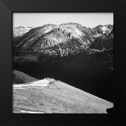 Panorama of barren mountains and shadowed valley, in Rocky Mountain National Park, Colorado, ca. 19 Black Modern Wood Framed Art Print by Adams, Ansel