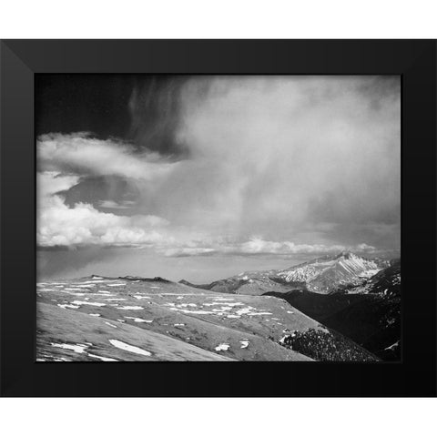 Mountain tops, low horizen, low hanging clouds, in Rocky Mountain National Park, Colorado, ca. 1941 Black Modern Wood Framed Art Print by Adams, Ansel