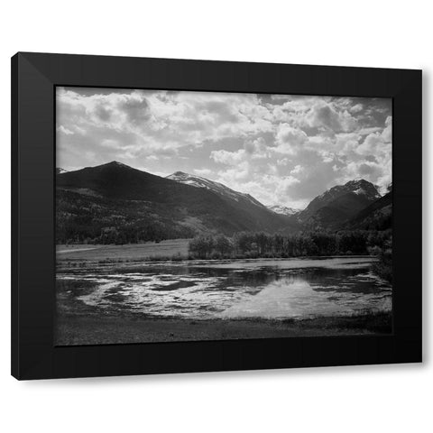 Lake and trees in foreground, mountains and clouds in background, in Rocky Mountain National Park, C Black Modern Wood Framed Art Print by Adams, Ansel