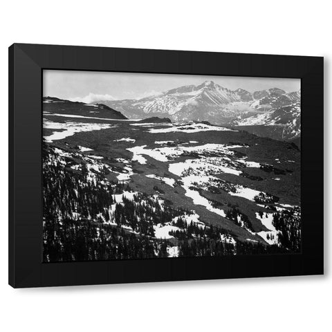 View of plateau, snow covered mountain in background, Longs Peak,  in Rocky Mountain National Park,  Black Modern Wood Framed Art Print by Adams, Ansel