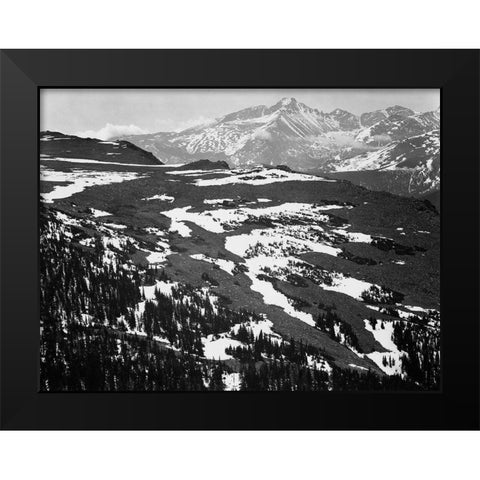 View of plateau, snow covered mountain in background, Longs Peak, in Rocky Mountain National Park, Black Modern Wood Framed Art Print by Adams, Ansel