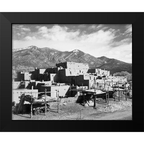 Full view of city, mountains in background, Taos Pueblo National Historic Landmark, New Mexico, 1941 Black Modern Wood Framed Art Print by Adams, Ansel