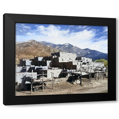 Full view of city-mountains in background-Taos Pueblo National Historic Landmark Color Black Modern Wood Framed Art Print with Double Matting by Adams, Ansel