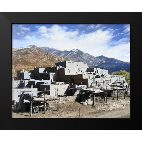 Full view of city-mountains in background-Taos Pueblo National Historic Landmark Color Black Modern Wood Framed Art Print by Adams, Ansel