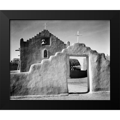 Full side view of entrance with gate to the right, Church, Taos Pueblo National Historic Landmark, N Black Modern Wood Framed Art Print by Adams, Ansel