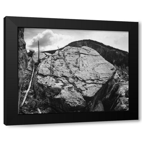 Boulder with hill in background, Rocks at Silver Gate, Yellowstone National Park, Wyoming, ca. 1941- Black Modern Wood Framed Art Print by Adams, Ansel