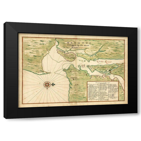 Map of New York City Region - Manatvs gelegen op de Noot Riuier, 1639 Black Modern Wood Framed Art Print with Double Matting by Vinckeboons, Joan