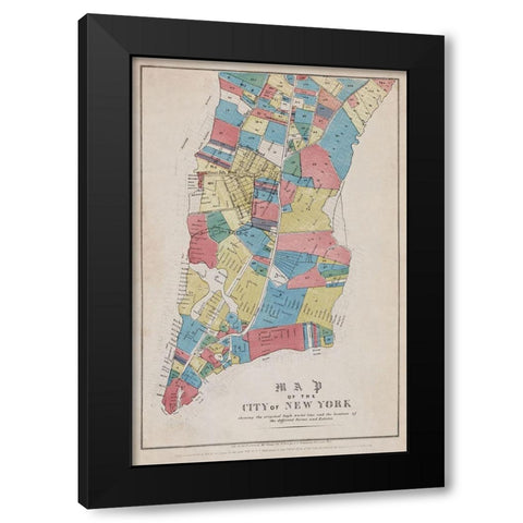 Map of the City of New York showing original high water line and the location of different Farms and Black Modern Wood Framed Art Print by New York Common Council