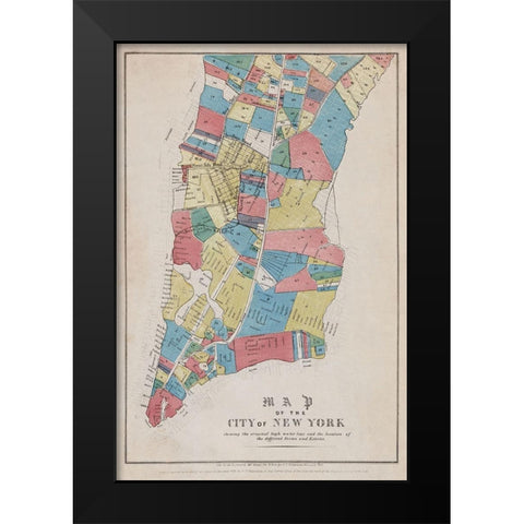 Map of the City of New York showing original high water line and the location of different Farms and Black Modern Wood Framed Art Print by New York Common Council