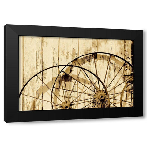 Old wagon wheels against a shed in Buffalo Gap Historic Village, near Abilene, TX - Sepia Black Modern Wood Framed Art Print by Highmith, Carol
