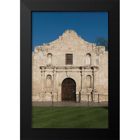 Doorway to the Alamo, an 18th-century mission church in San Antonio, TX Black Modern Wood Framed Art Print by Highmith, Carol