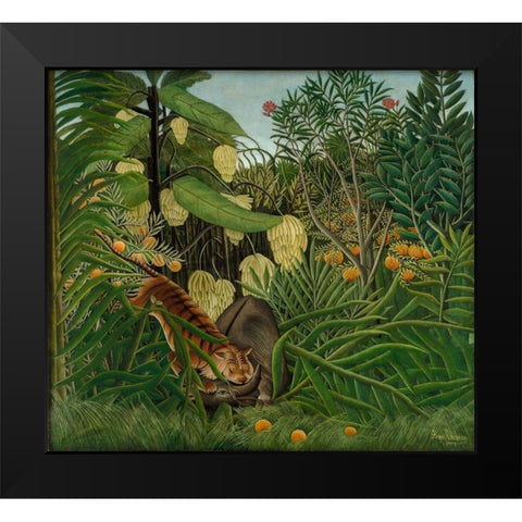 Fight between a Tiger and a Buffalo Black Modern Wood Framed Art Print by Rousseau, Henri