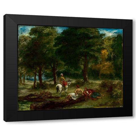 Greek Cavalry Men Resting in Forest Black Modern Wood Framed Art Print with Double Matting by Delacroix, Eugene