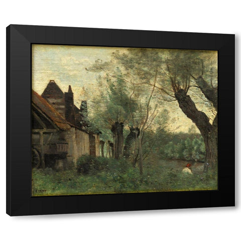 Willows and Farmhouse at Sainte-Catherine-les-Arras Black Modern Wood Framed Art Print by Corot, Jean Baptiste Camille