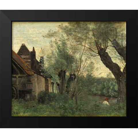 Willows and Farmhouse at Sainte-Catherine-les-Arras Black Modern Wood Framed Art Print by Corot, Jean Baptiste Camille