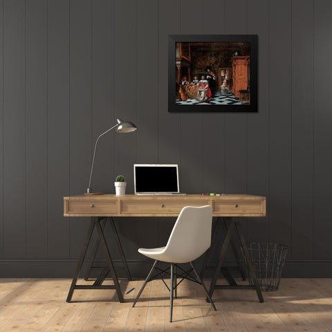 Portrait of a Family Playing Music Black Modern Wood Framed Art Print by Hooch, Pieter de