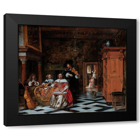Portrait of a Family Playing Music Black Modern Wood Framed Art Print by Hooch, Pieter de