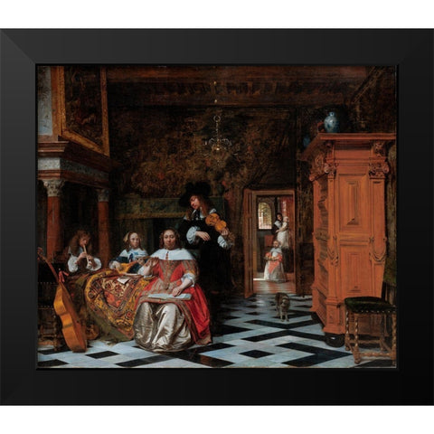 Portrait of a Family Playing Music Black Modern Wood Framed Art Print by Hooch, Pieter de