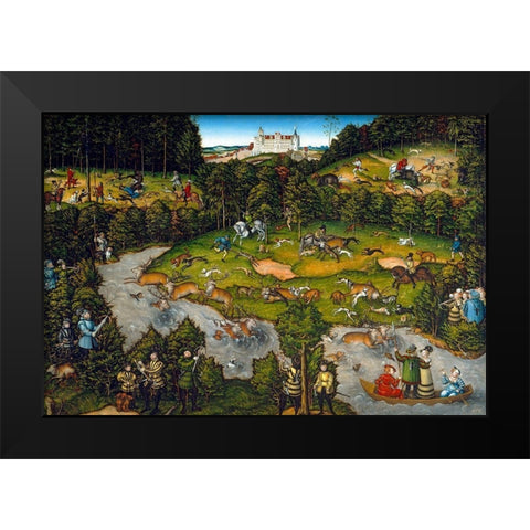 Hunting near Hartenfels Castle Black Modern Wood Framed Art Print by Cranach, Lucas