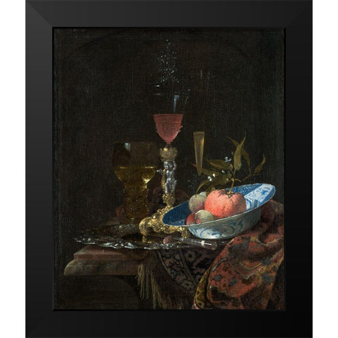 Wineglass and a Bowl of Fruit Black Modern Wood Framed Art Print by Kalf, Willem