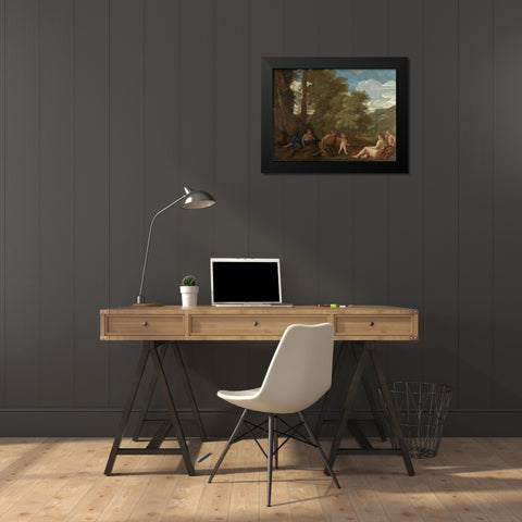 Nymphs and a Satyr Black Modern Wood Framed Art Print by Poussin, Nicolas