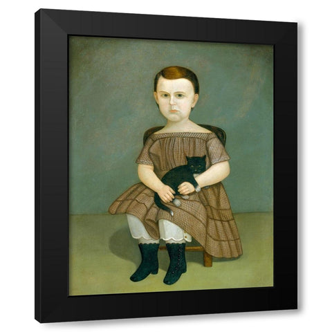 Martha Bartlett with Kitten Black Modern Wood Framed Art Print with Double Matting by American 1860