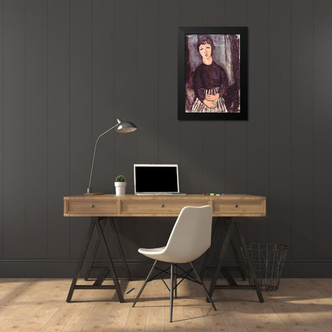 Seated girl in striped skirt Black Modern Wood Framed Art Print by Modigliani, Amedeo