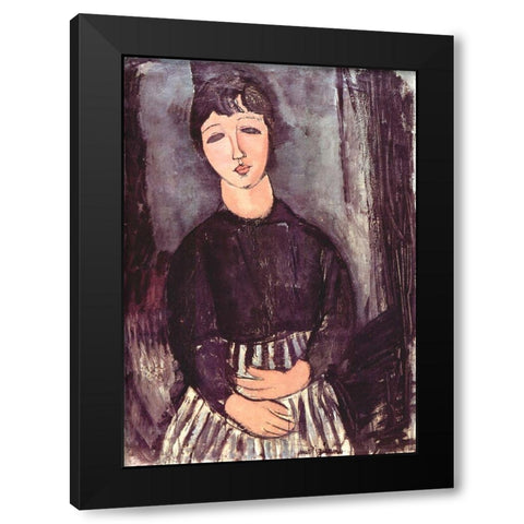 Seated girl in striped skirt Black Modern Wood Framed Art Print with Double Matting by Modigliani, Amedeo
