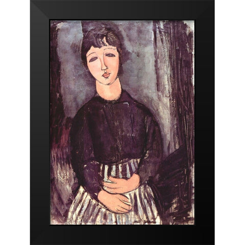 Seated girl in striped skirt Black Modern Wood Framed Art Print by Modigliani, Amedeo