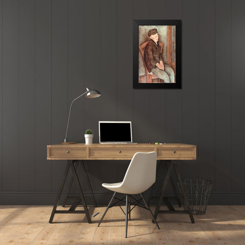 Seated boy in hat Black Modern Wood Framed Art Print by Modigliani, Amedeo