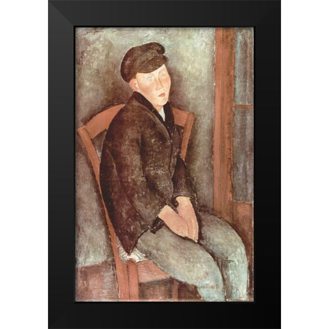 Seated boy in hat Black Modern Wood Framed Art Print by Modigliani, Amedeo