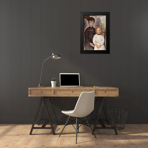 Seated Children Black Modern Wood Framed Art Print by Modigliani, Amedeo