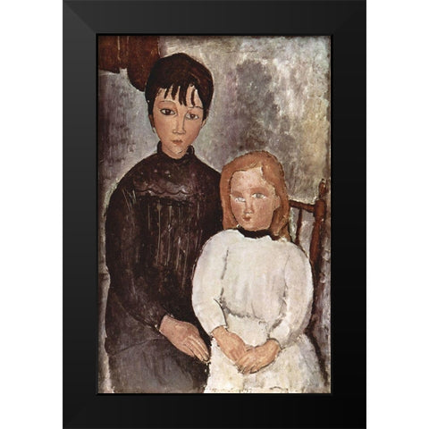 Seated Children Black Modern Wood Framed Art Print by Modigliani, Amedeo
