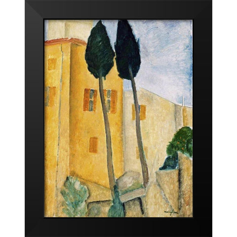 Cypress Trees and Houses, Midday Landscape 1919 Black Modern Wood Framed Art Print by Modigliani, Amedeo